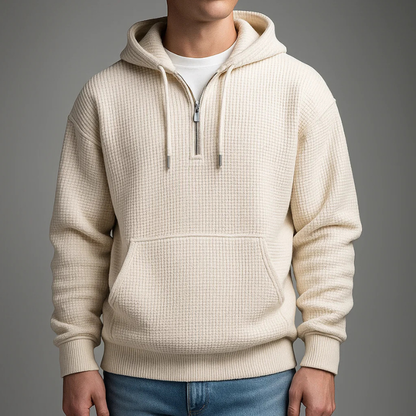 Men's waffle-knit half-zip hoodie by Homixa with drawstring hood and kangaroo pocket, casual and comfortable men's sweatshirt.