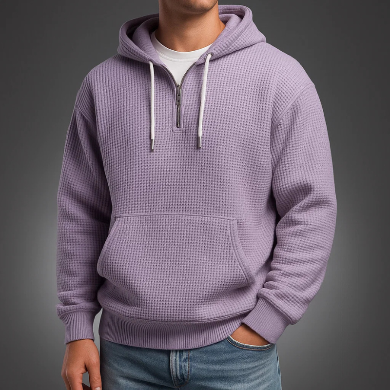 Men's waffle-knit half-zip hoodie by Homixa featuring a drawstring hood and kangaroo pocket, casual men's sweatshirt for everyday wear.