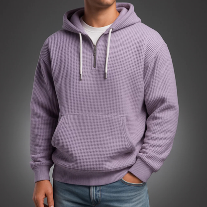 Men's waffle-knit half-zip hoodie by Homixa featuring a drawstring hood and kangaroo pocket, casual men's sweatshirt for everyday wear.