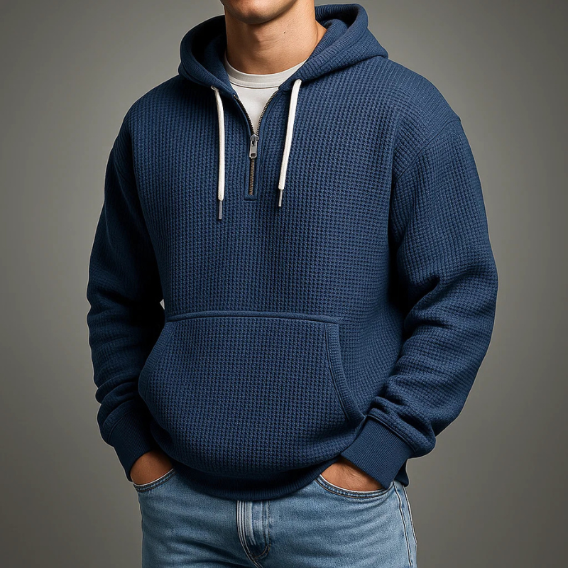 Men's waffle-knit half-zip hoodie with drawstring hood and kangaroo pocket, by Homixa, casual and warm men's sweatshirt.