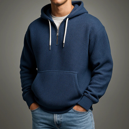 Men's waffle-knit half-zip hoodie with drawstring hood and kangaroo pocket, by Homixa, casual and warm men's sweatshirt.