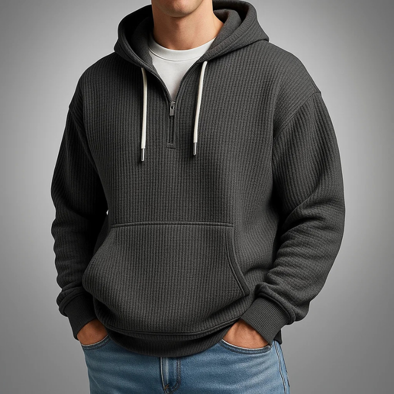 Men's waffle-knit half-zip hoodie by Homixa featuring a drawstring hood and kangaroo pocket, casual men's sweatshirt in beige.