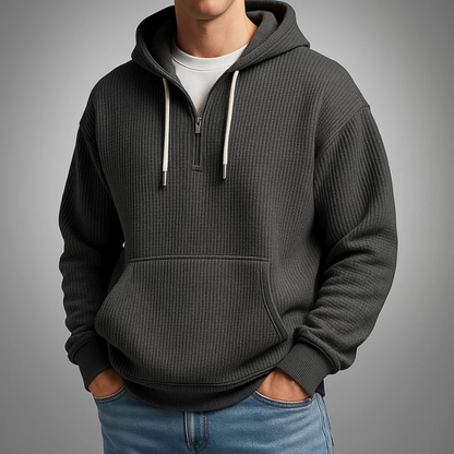 Men's waffle-knit half-zip hoodie by Homixa featuring a drawstring hood and kangaroo pocket, casual men's sweatshirt in beige.