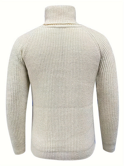 Men's waffle-knit turtleneck sweater by Homixa featuring ribbed trim at the hem and cuffs, modeled on a person.