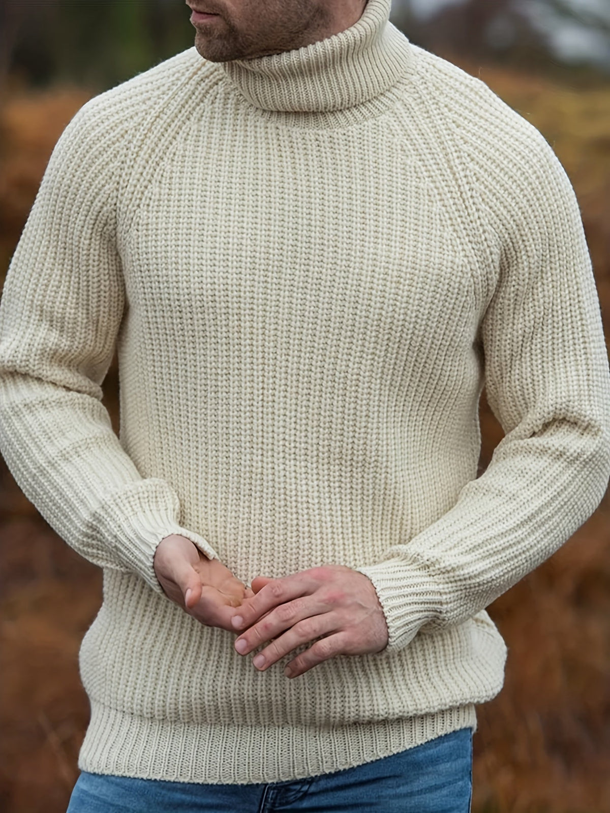 Men's waffle-knit turtleneck sweater by Homixa featuring ribbed trim at hem and cuffs, shown in a cozy, textured knit style.