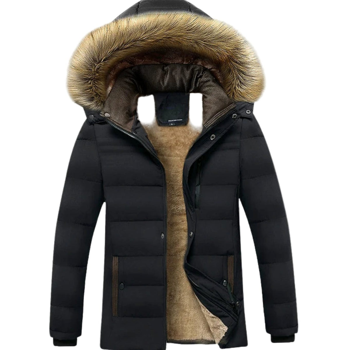 Men's Homixa windproof fur-lined hooded winter parka with quilted padding and zip pockets, shown on a model.