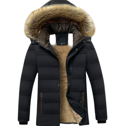 Men's Homixa windproof fur-lined hooded winter parka with quilted padding and zip pockets, shown on a model.
