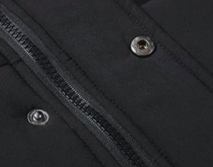Men's windproof fur-lined hooded winter parka by Homixa with quilted padding and zip pockets, suitable for cold weather conditions.