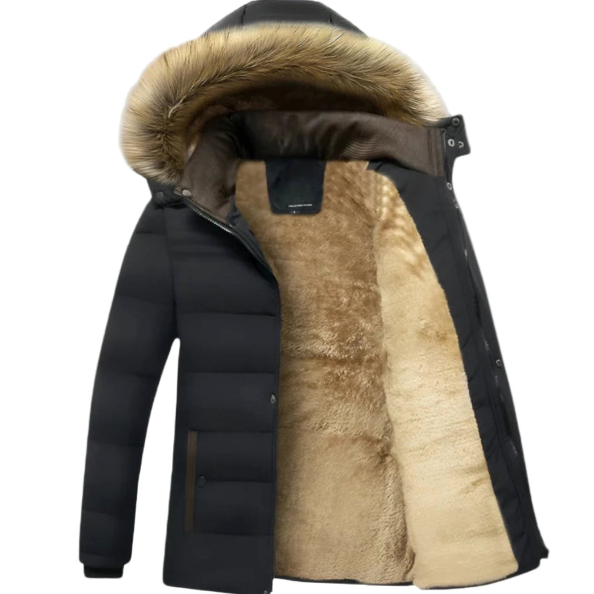 Men's Homixa windproof fur-lined hooded winter parka with quilted padding and zip pockets, suitable for cold weather.