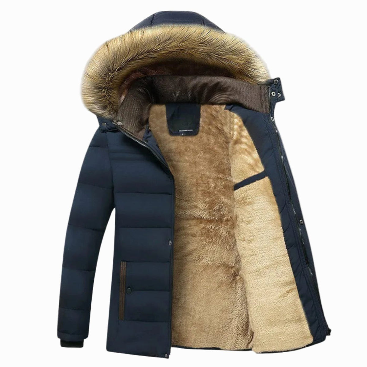 Men's windproof fur-lined hooded winter parka by Homixa with quilted padding and zip pockets, suitable for cold weather.