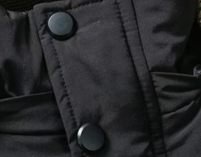 Men's windproof fur-lined hooded winter parka by Homixa with quilted padding and zip pockets, suitable for cold weather.