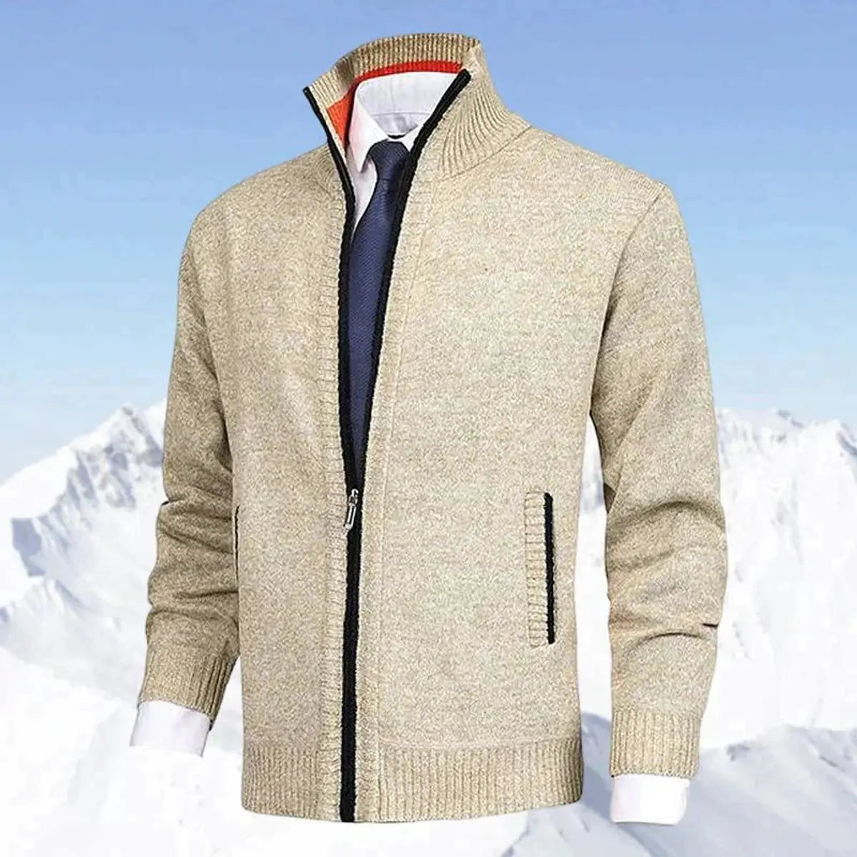 Men's Homixa zip-front cardigan with knit fabric, fleece lining, and side zip pockets, shown on a model.