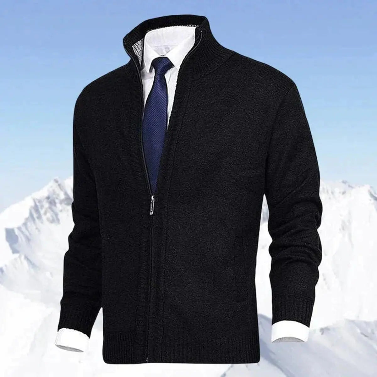 Men's zip-front cardigan by Homixa featuring knit fabric, fleece lining, and side zip pockets, shown in a close-up view.