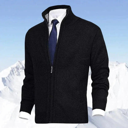 Men's zip-front cardigan by Homixa featuring knit fabric, fleece lining, and side zip pockets, shown in a close-up view.