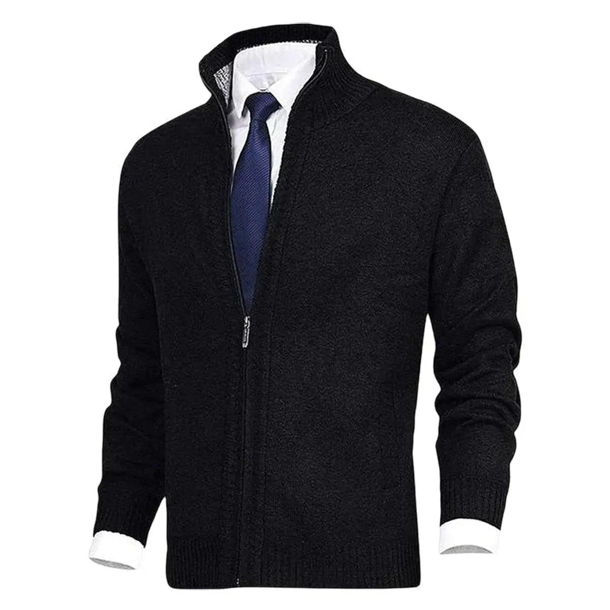 Men's Homixa zip-front cardigan with knit fabric, fleece lining, and side zip pockets, shown in a close-up view.