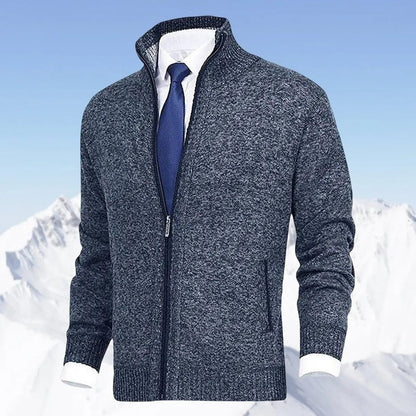 Men's Homixa zip-front cardigan with knit fabric, fleece lining, and side zip pockets, perfect for casual layering.