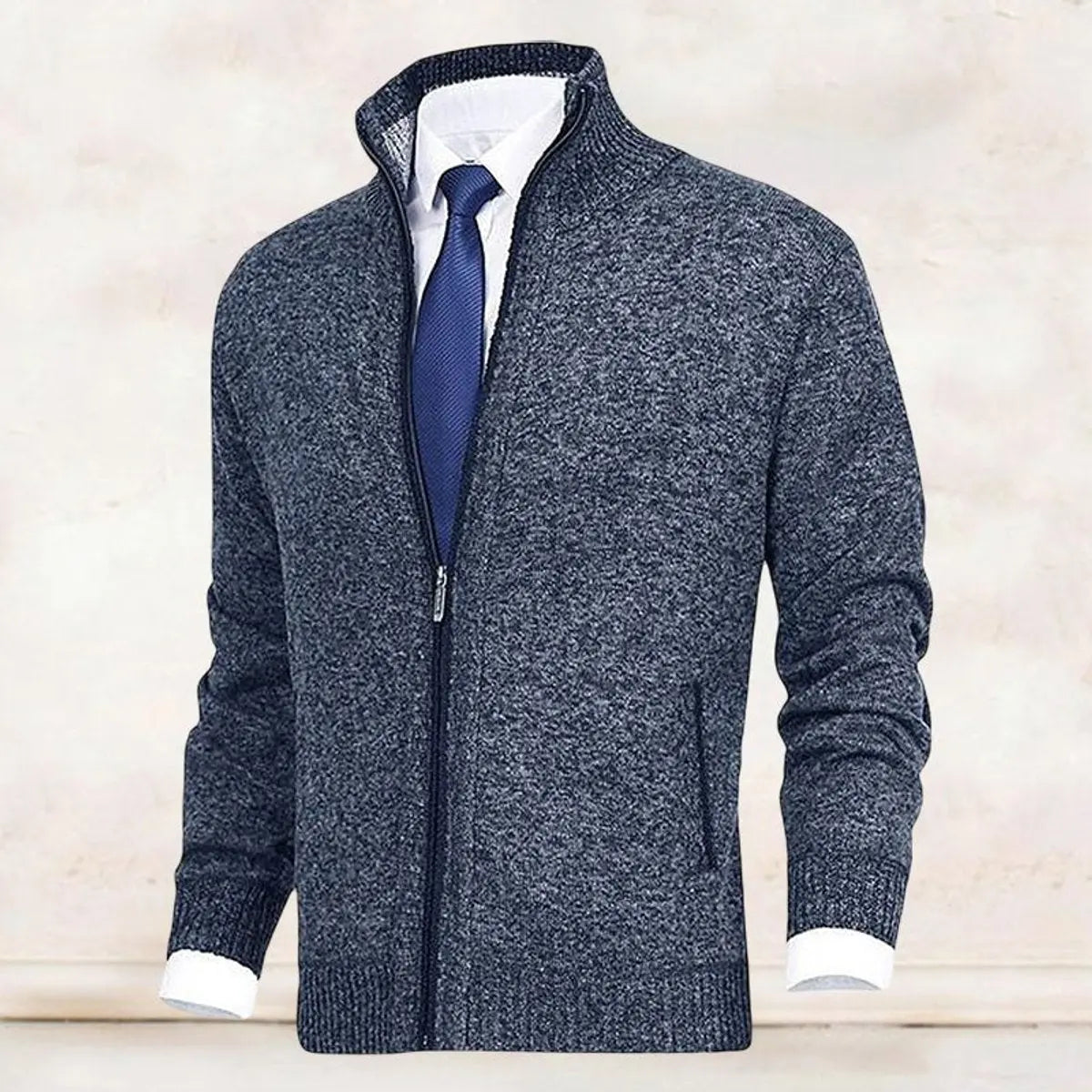 Men's zip-front cardigan by Homixa with knit fabric, fleece lining, and side zip pockets, displayed on a model.