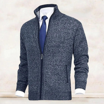 Men's zip-front cardigan by Homixa with knit fabric, fleece lining, and side zip pockets, displayed on a model.