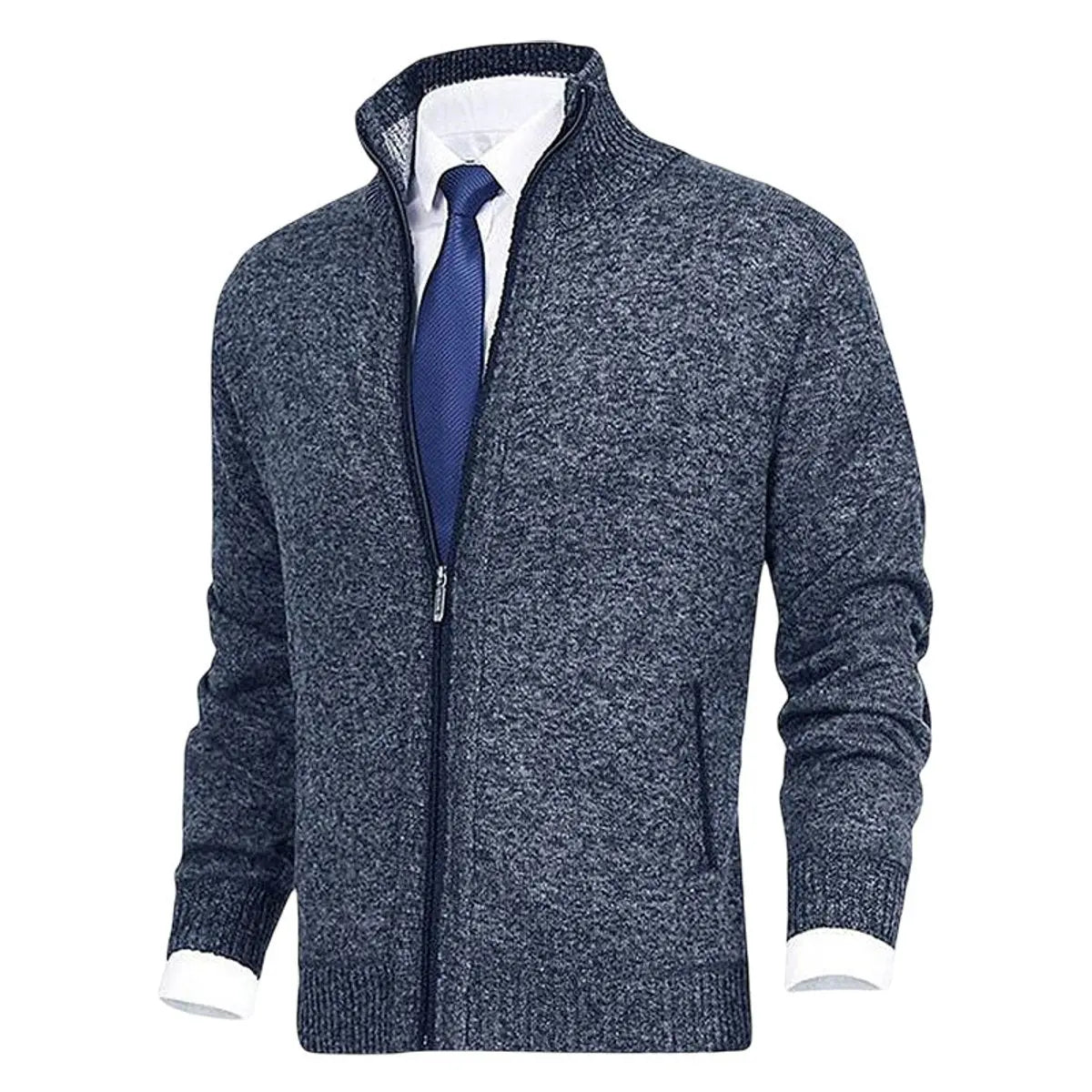 Men's Homixa zip-front cardigan with knit fabric, fleece lining, and side zip pockets, showcasing a cozy and stylish men's sweater.