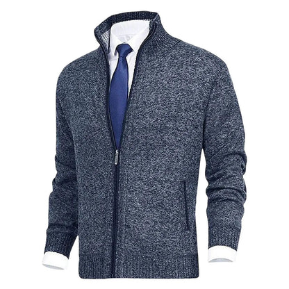 Men's Homixa zip-front cardigan with knit fabric, fleece lining, and side zip pockets, showcasing a cozy and stylish men's sweater.
