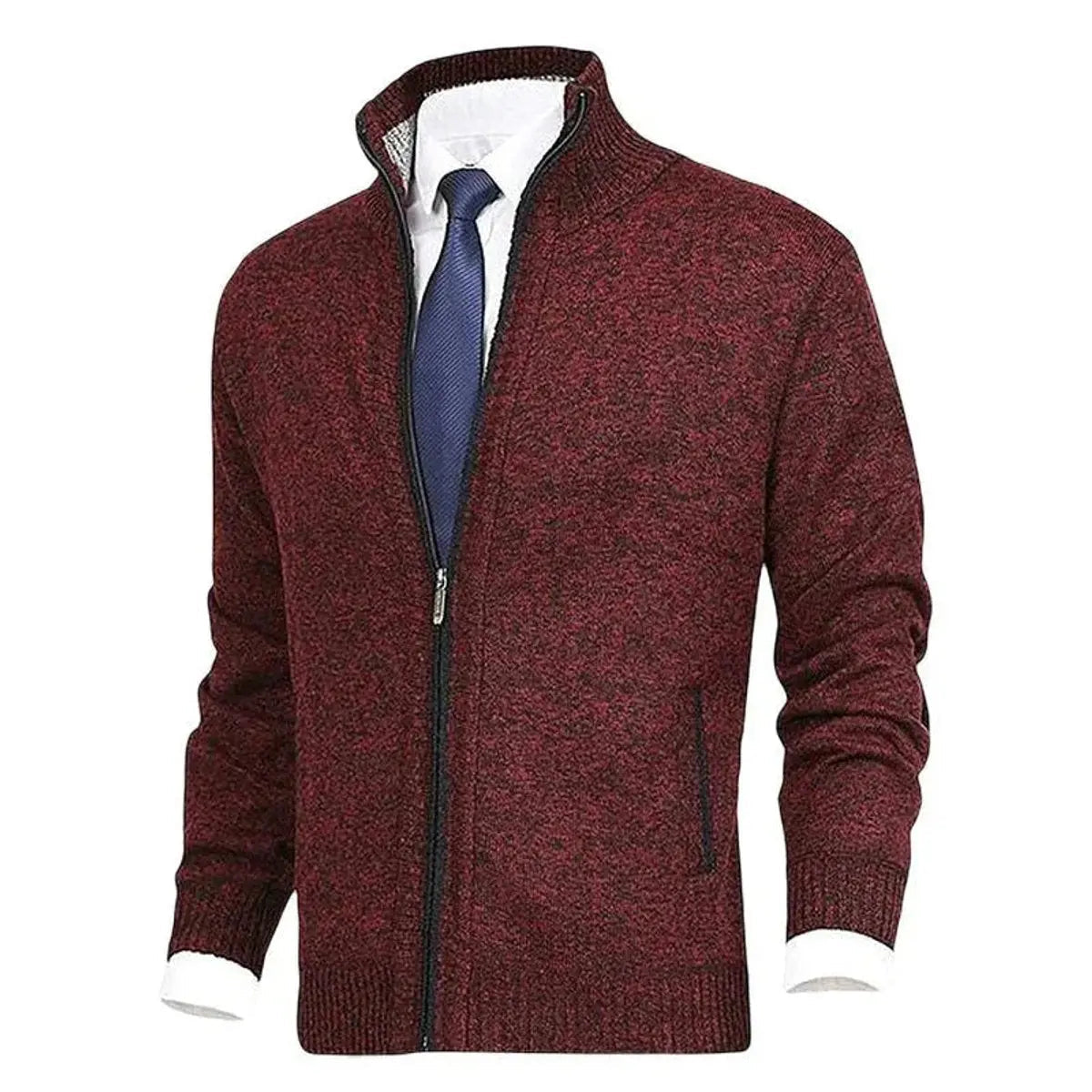 Men's zip-front cardigan by Homixa featuring knit fabric, fleece lining, and side zip pockets in a cozy, stylish design.