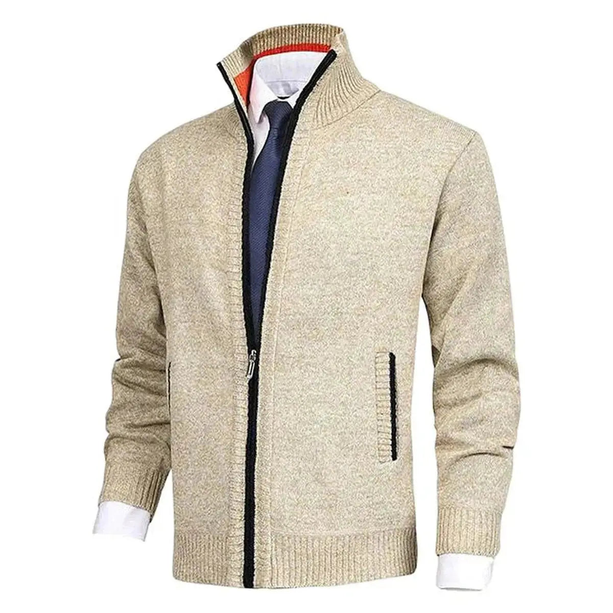 Homixa men's zip-front cardigan with knit fabric, fleece lining, and side zip pockets, showcasing a cozy, stylish men's sweater.
