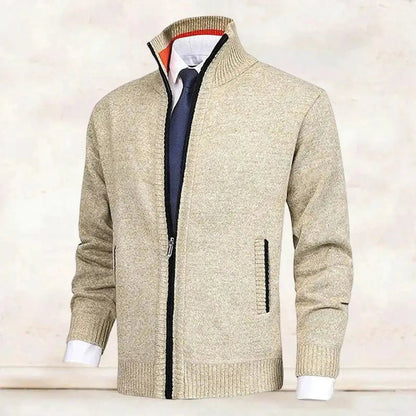 Men's Homixa zip-front cardigan with knit fabric, fleece lining, and side zip pockets, perfect for casual layered style.