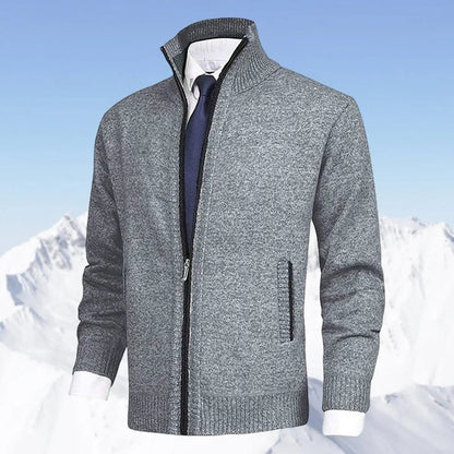 Men's Homixa zip-front cardigan with knit fabric, fleece lining, and side zip pockets, ideal for casual layering.