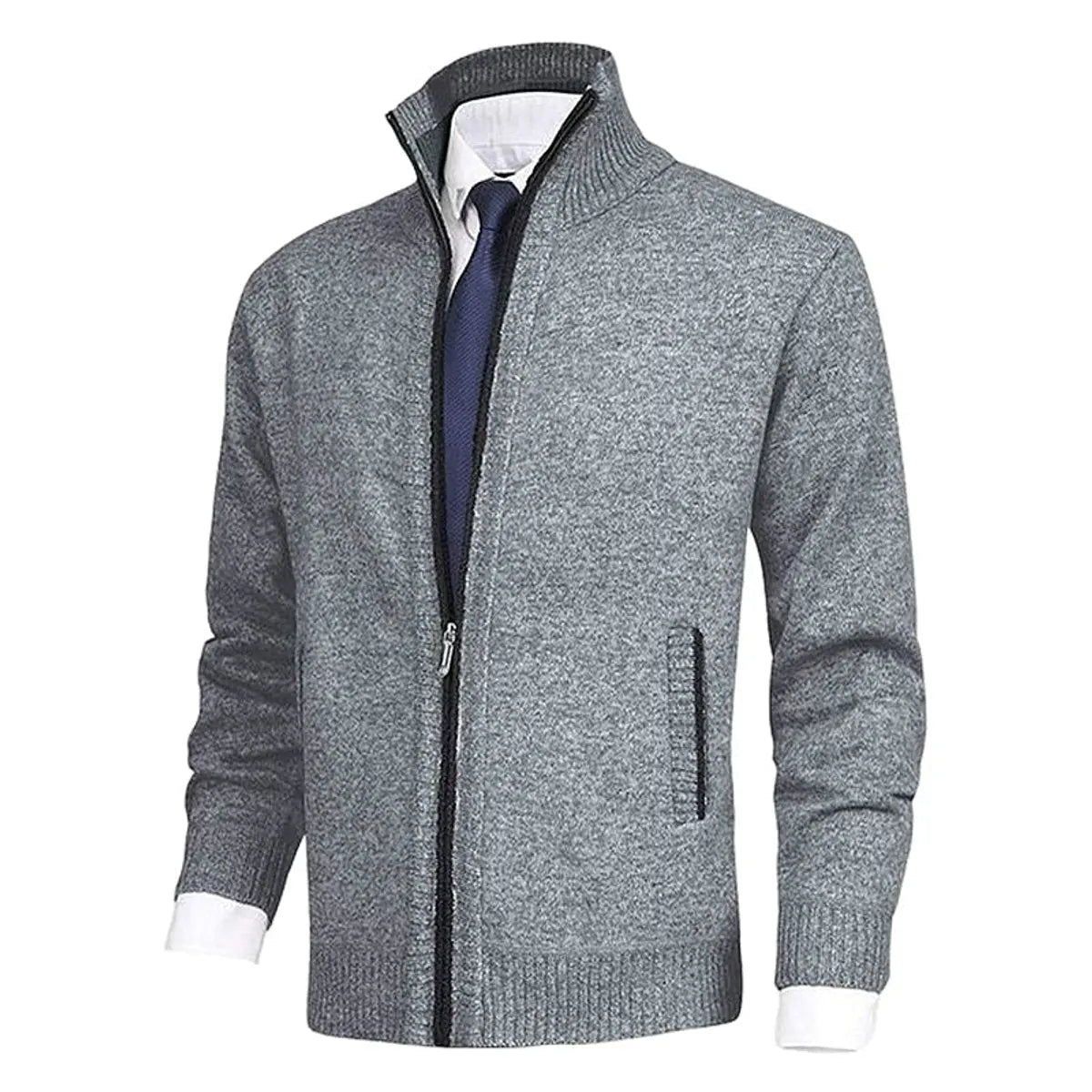 Men's Homixa zip-front cardigan with knit fabric, fleece lining, and side zip pockets, showcasing a cozy and stylish design.