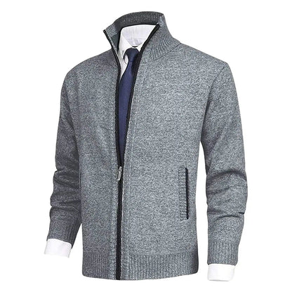 Men's Homixa zip-front cardigan with knit fabric, fleece lining, and side zip pockets, showcasing a cozy and stylish design.