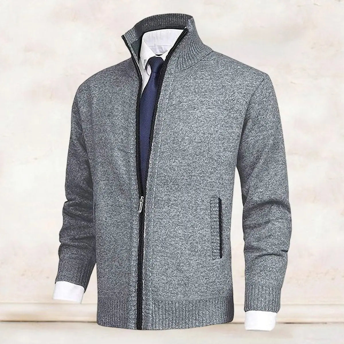 Men's Homixa zip-front cardigan with knit fabric, fleece lining, and side zip pockets, showcasing a cozy, stylish knit sweater.