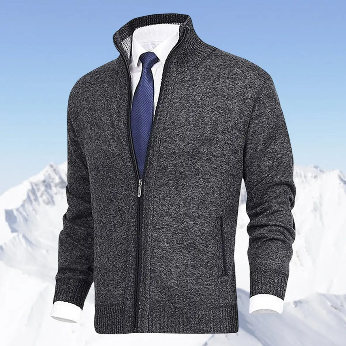 Men's zip-front cardigan by Homixa with knit fabric, fleece lining, and side zip pockets, showcasing a cozy, stylish layered look.