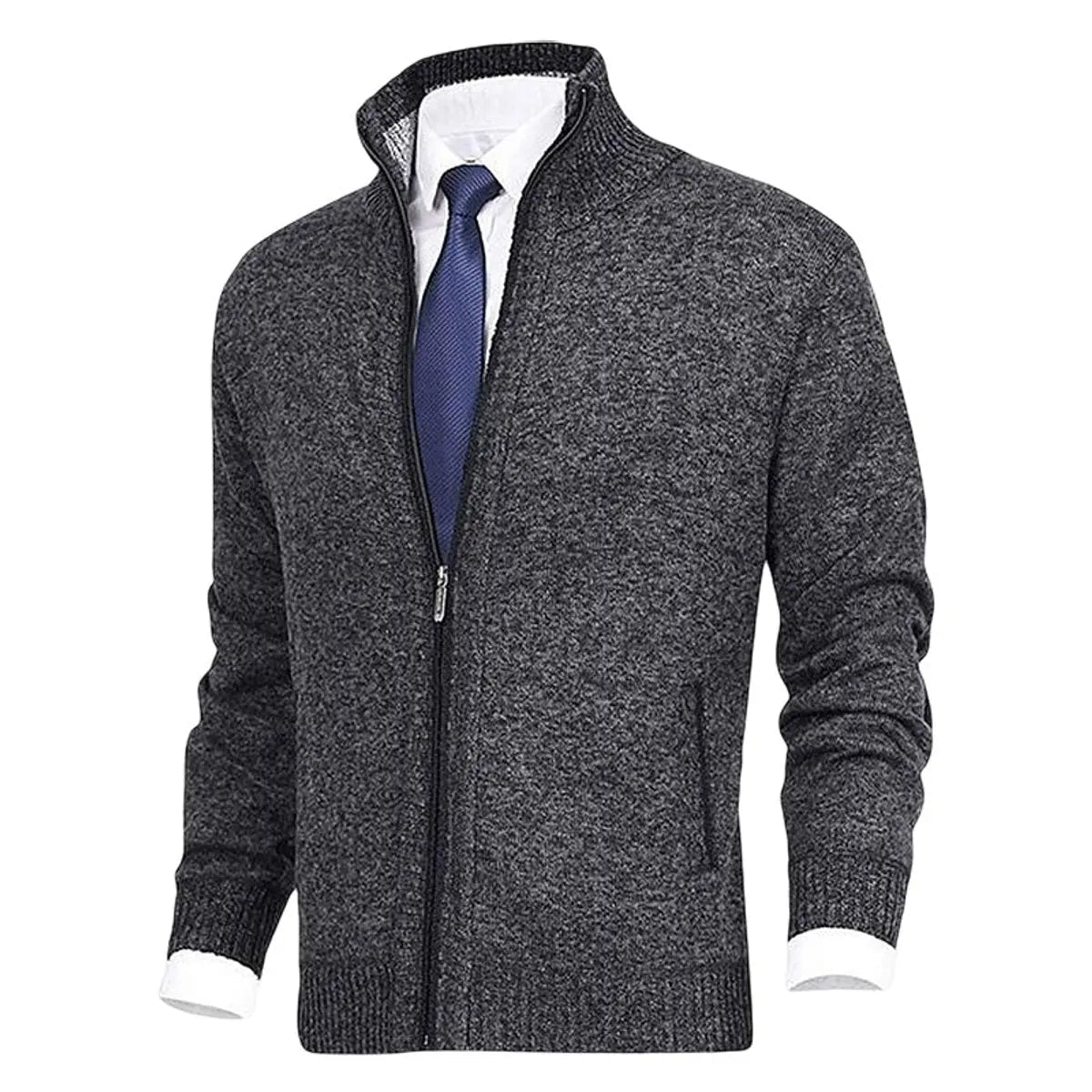 Men's Homixa zip-front cardigan with knit fabric, fleece lining, and side zip pockets, displayed on a model.
