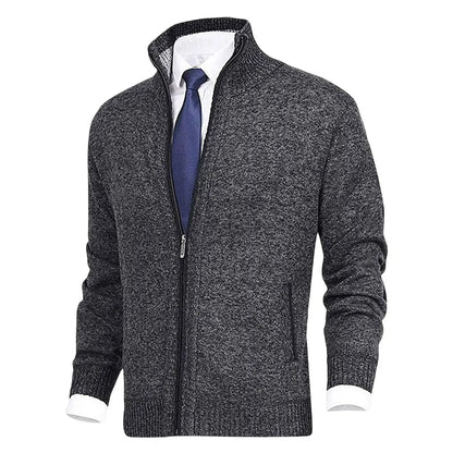 Men's Homixa zip-front cardigan with knit fabric, fleece lining, and side zip pockets, displayed on a model.