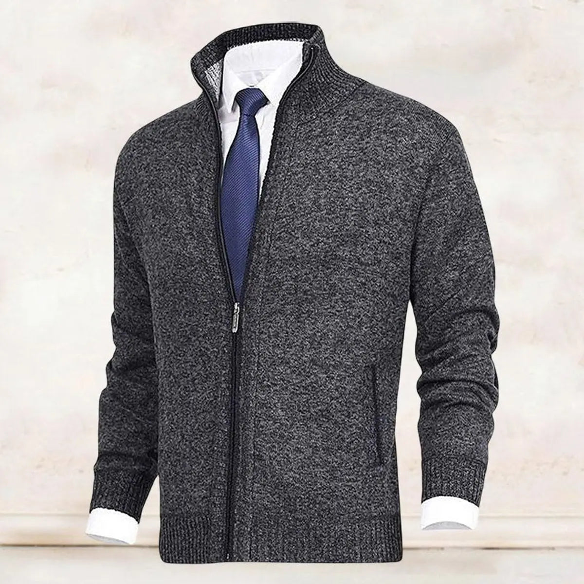 Homixa men's zip-front cardigan with knit fabric, fleece lining, and side zip pockets, casual and warm for everyday wear.