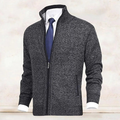 Homixa men's zip-front cardigan with knit fabric, fleece lining, and side zip pockets, casual and warm for everyday wear.