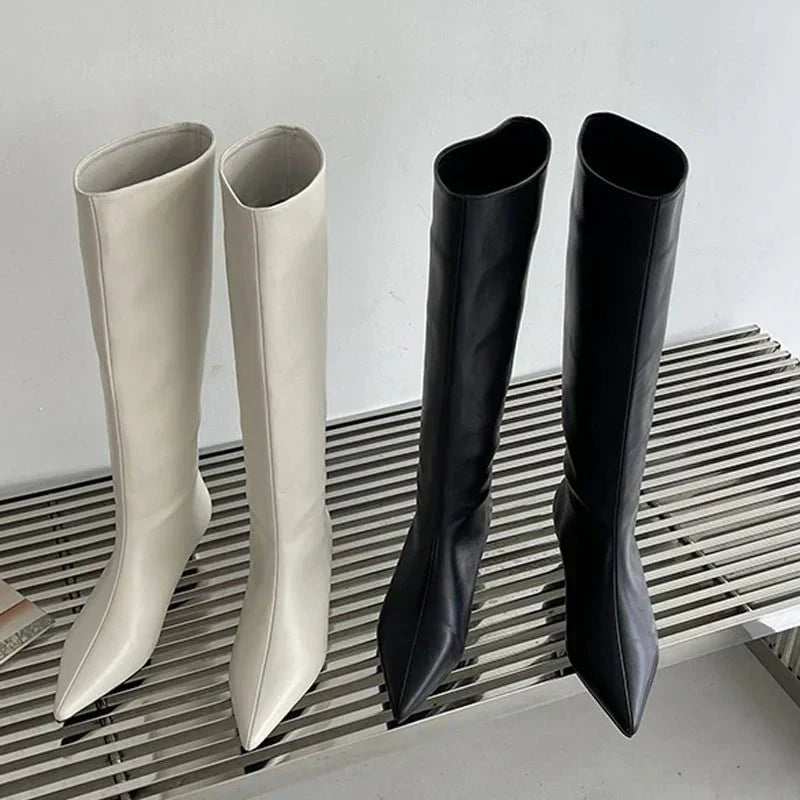 Homixa men's knee-high boots in white, stylish everyday footwear with a sleek design and lace-up front.