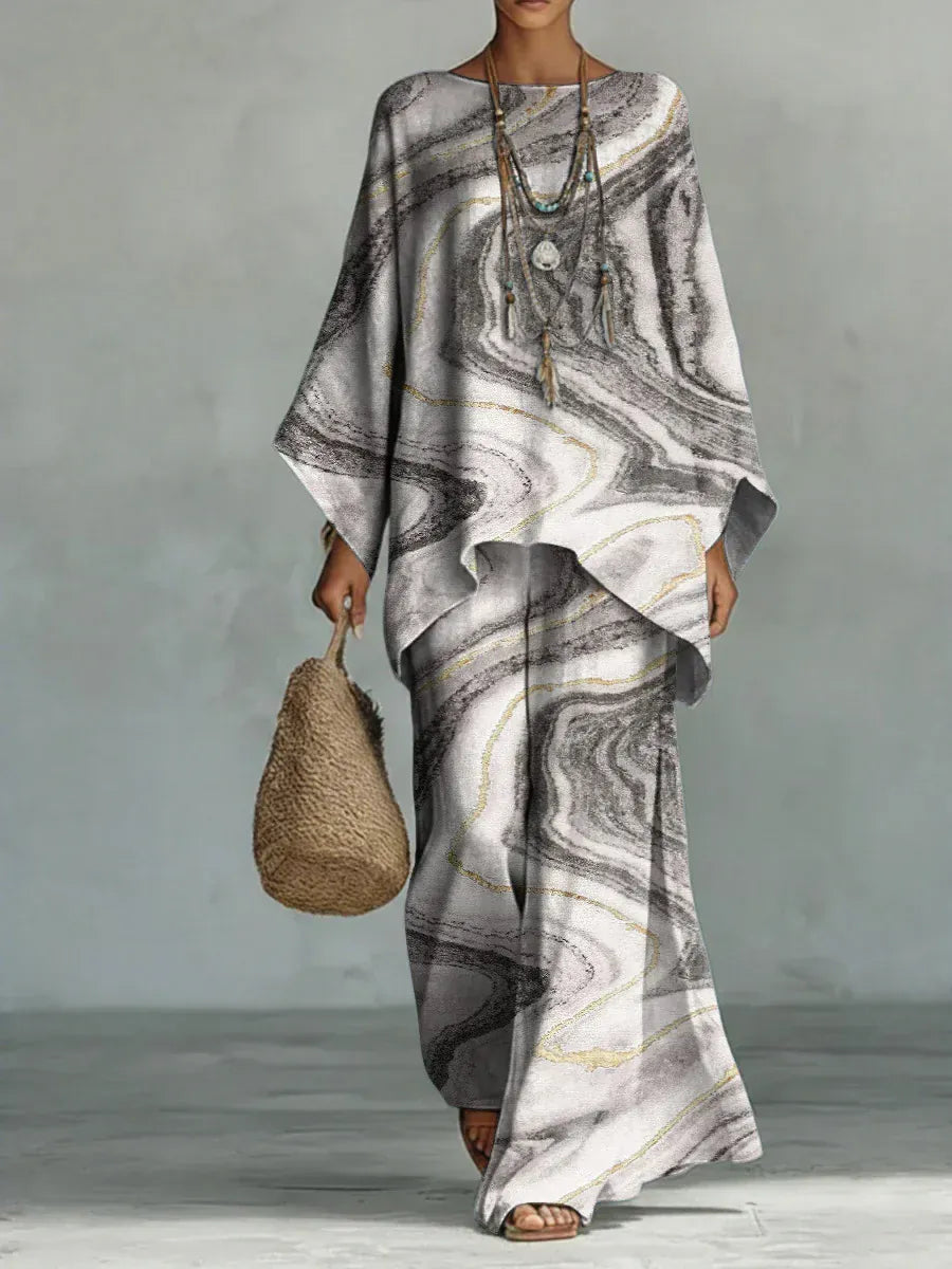 Noémie | Women's Marble-Print Cape Top & Wide-Leg Pant Set - product image 1