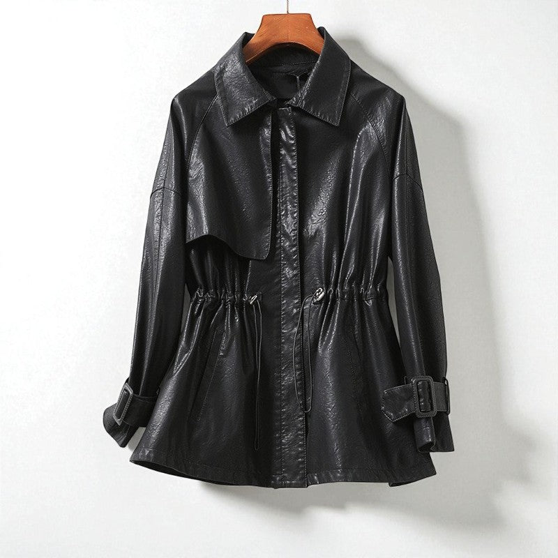 Black Manhattan leather jacket by Jack Hafford, showing front view with classic collar and silver zipper details.