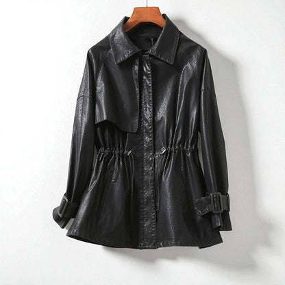 Black Manhattan leather jacket by Jack Hafford, showing front view with classic collar and silver zipper details.
