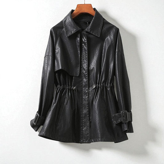 Black Manhattan leather jacket by Jack Hafford, showing front view with classic collar and silver zipper details.