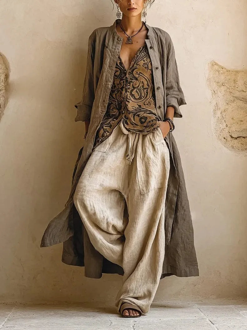 Homixa women's printed camisole 3-piece wide-leg pant set featuring a flowy camisole, relaxed pants, and matching print.