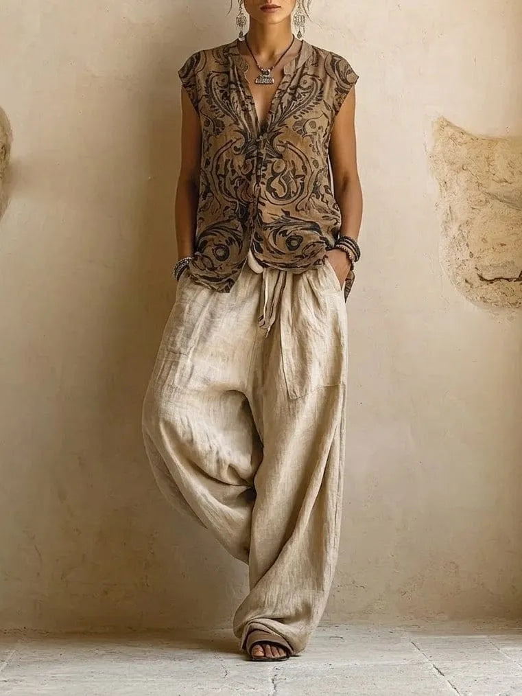 Homixa women's printed camisole 3-piece wide-leg pant set, stylish and comfortable for casual wear.