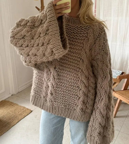Homixa women's cable knit sweater with detailed cable-knit pattern, showcasing soft, cozy fabric and classic style.