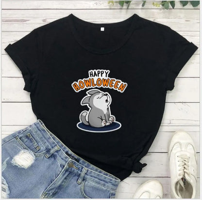 Women's Halloween T-Shirt by Homixa featuring a playful Happy Howloween graphic on soft cotton fabric.