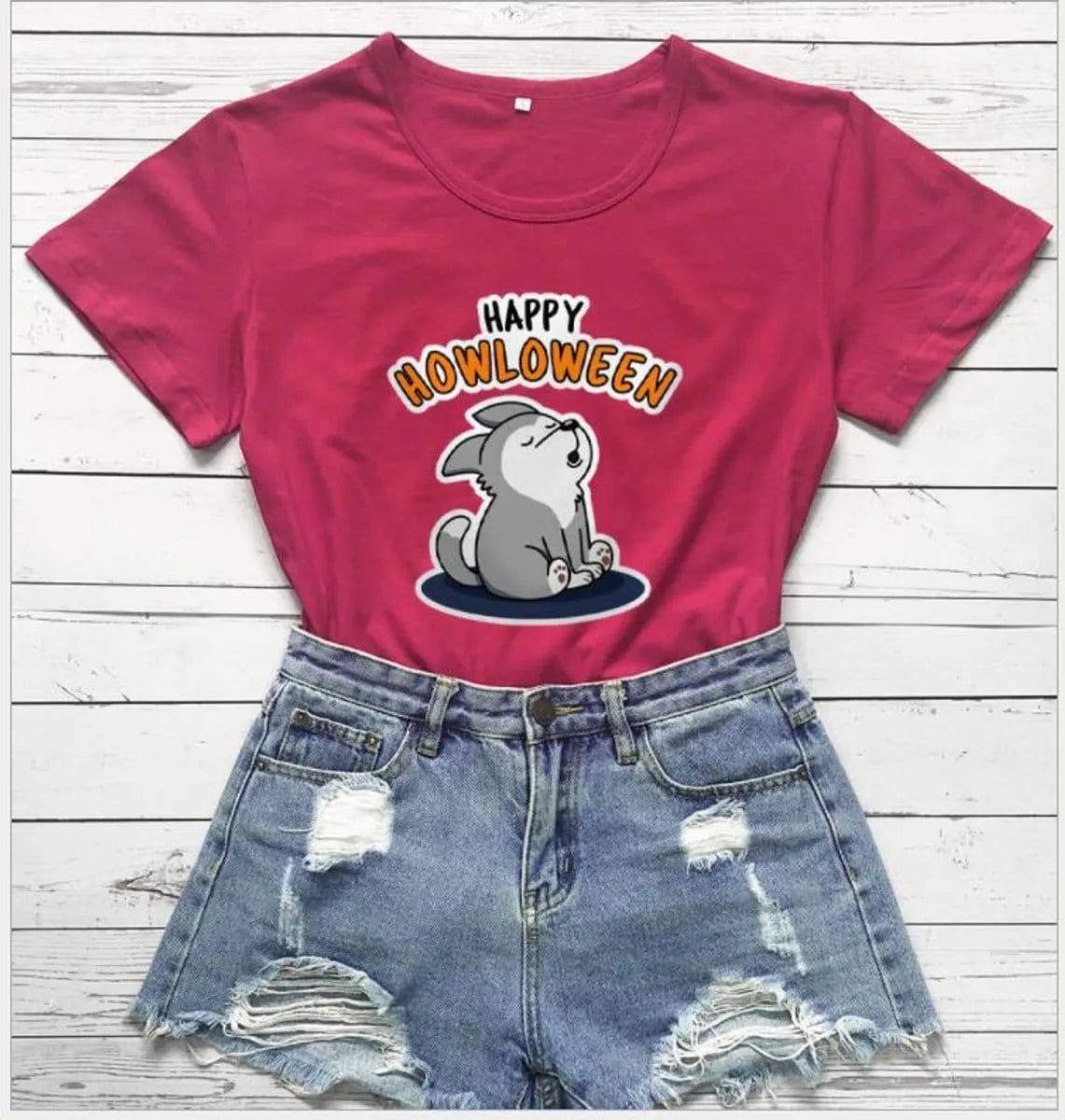 Women's Halloween T-Shirt by Homixa featuring a playful Happy Howloween graphic on white cotton fabric.