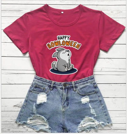 Women's Halloween T-Shirt by Homixa featuring a playful Happy Howloween graphic on white cotton fabric.