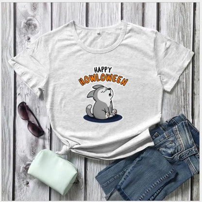 Women's Halloween T-Shirt by Homixa featuring a festive "Happy Howloween" graphic on a cotton Halloween T-shirt.