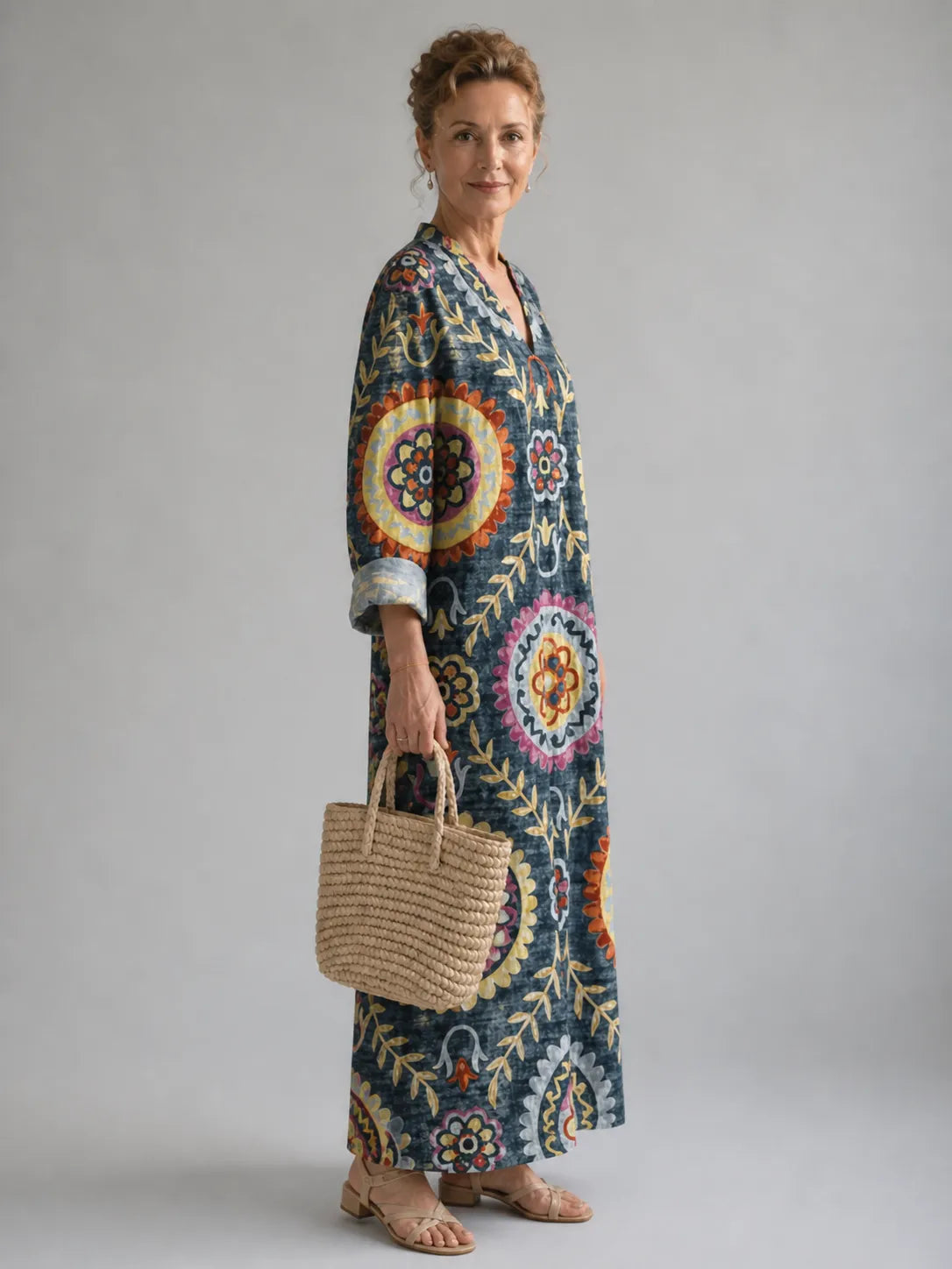 Olivia women's medallion-print V-neck maxi dress featuring a flowing silhouette and soft fabric, perfect for summer wear.