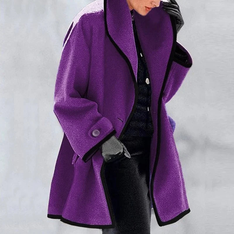 Homixa Agnes women's merino wool trench coat with statement collar, contrast trim, and buttoned cuffs, stylish outerwear for women.